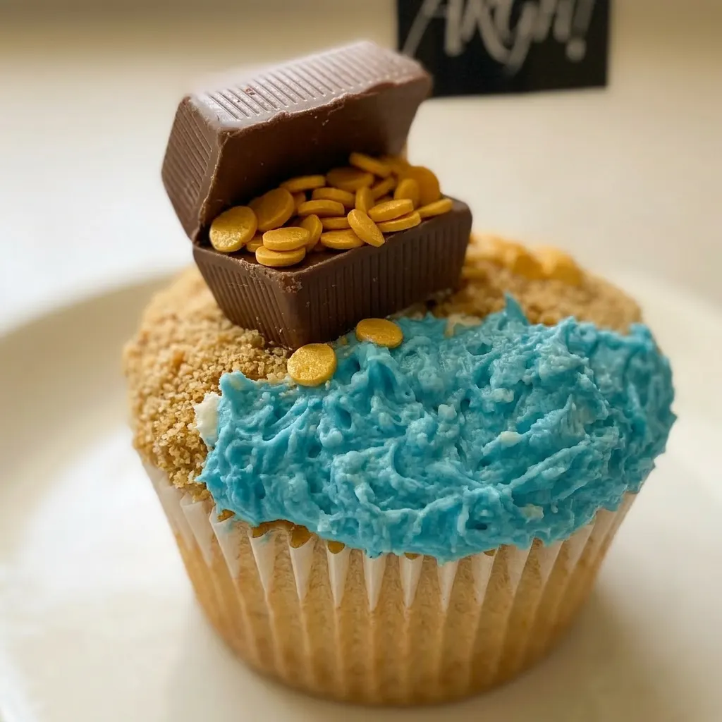 Up close, a vanilla cupcake topped with blue buttercream, graham cracker crumbs, and a Hershey's nugget.