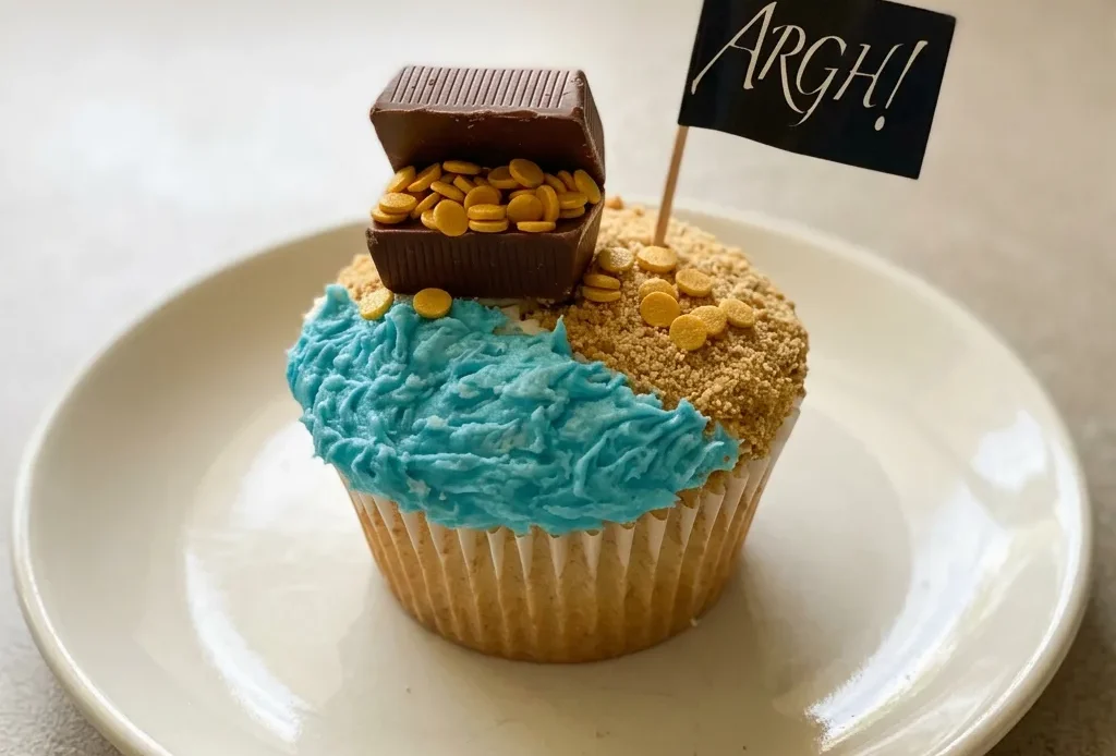 Looking down at a vanilla cupcake with blue frosting, gold sprinkles, and a Hershey's nugget on top.