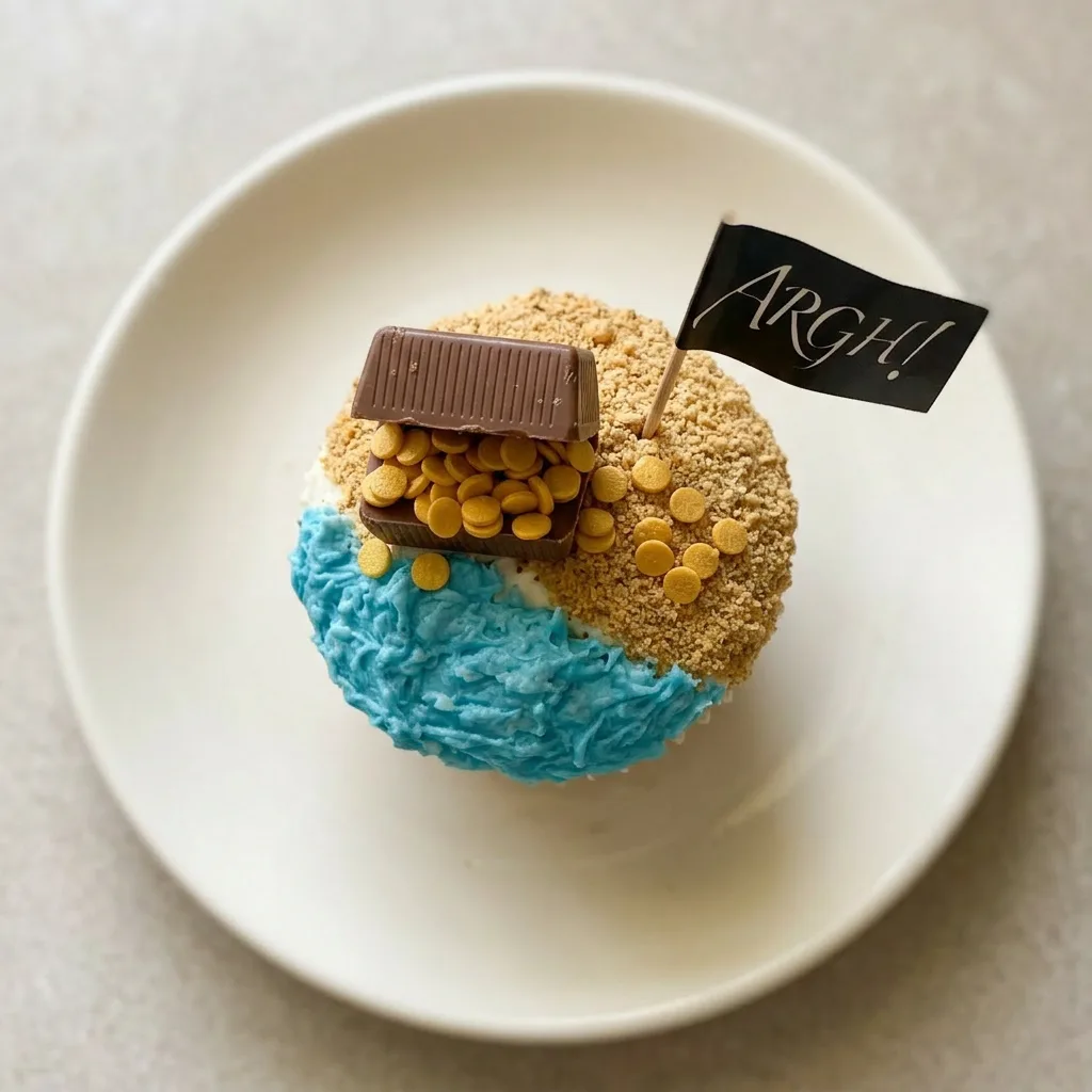 A plate of vanilla cupcakes with blue frosting, gold sprinkles, and a Hershey's nugget each.