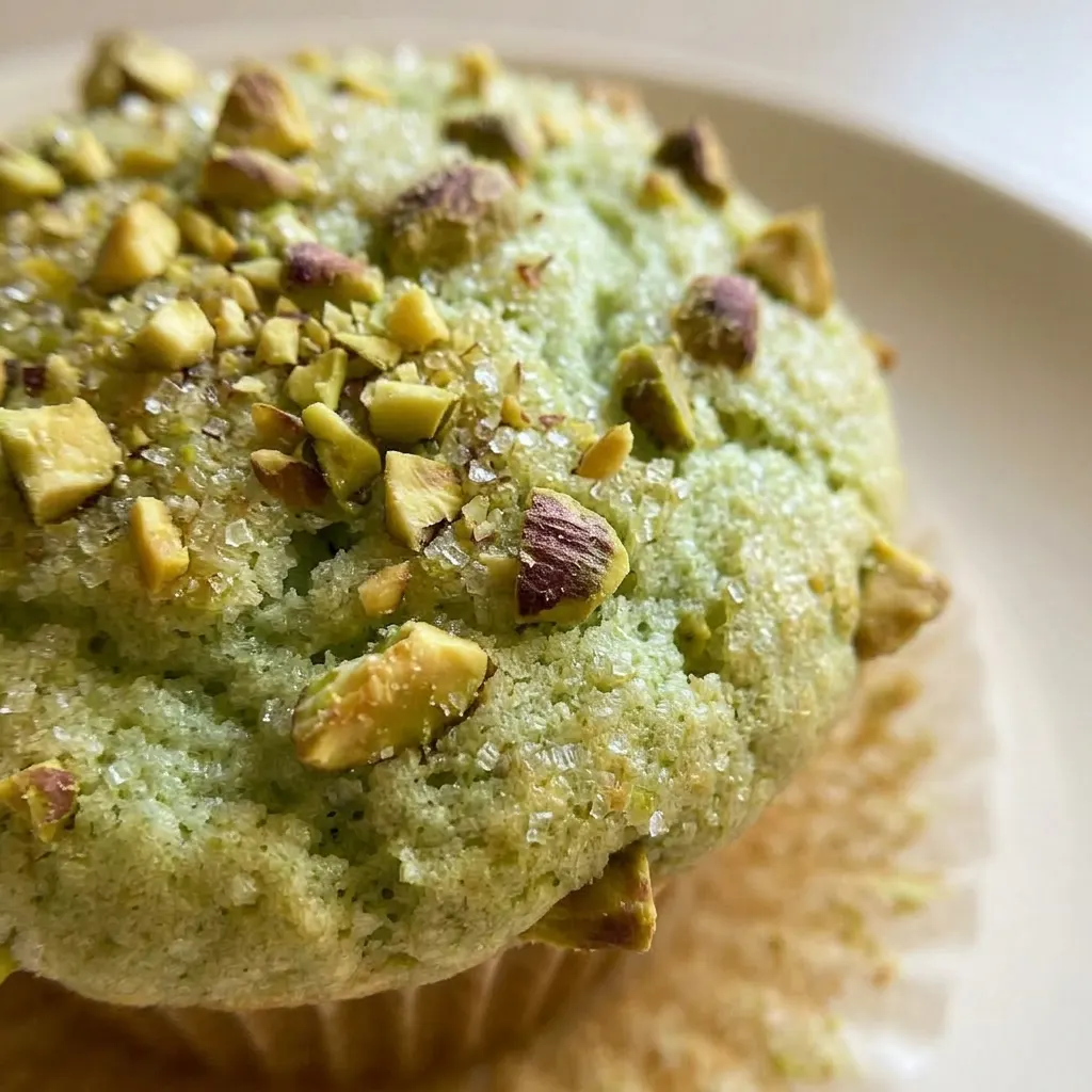 Up close, a pistachio muffin shows a cracked dome, green specks from pudding mix, and almond extract sheen.
