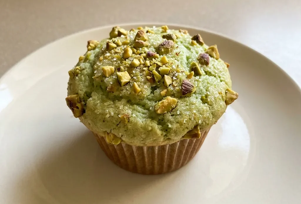 Looking down at three pistachio muffins with green crumb topping and visible chopped pistachios.