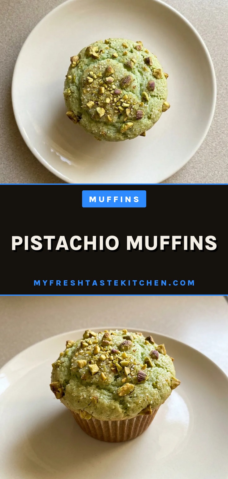 Looking down at three pistachio muffins with green crumb topping and visible chopped pistachios.