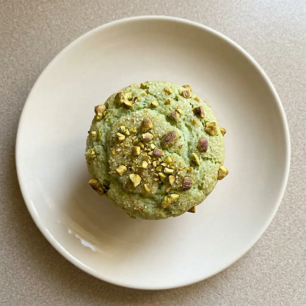 A plate of pistachio muffins with sour cream glaze and pistachio pieces scattered on top.