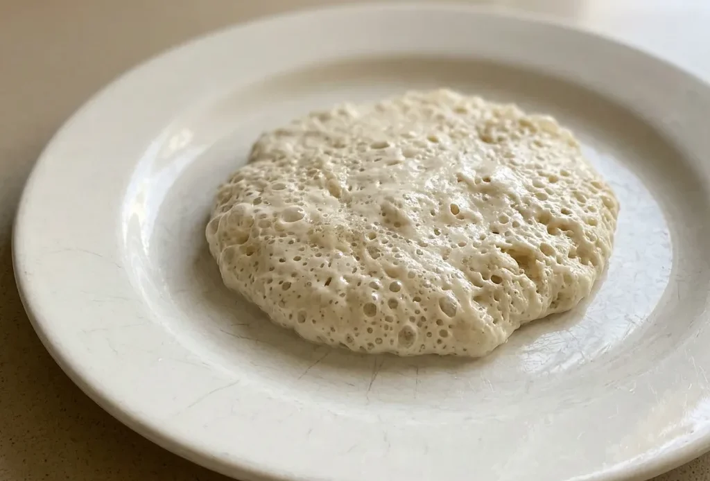 Overhead shot of a round loaf with a golden crust and scattered flour dust.