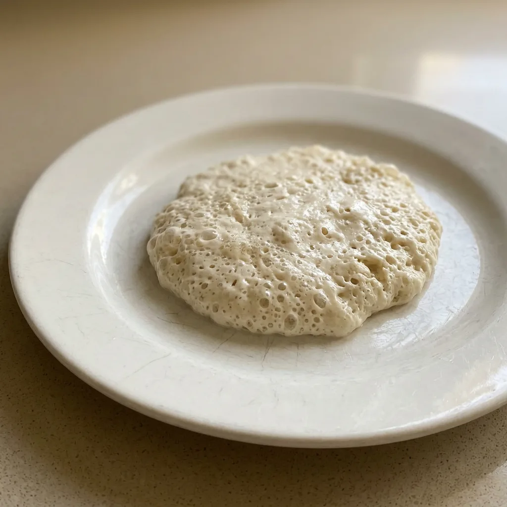 Overhead shot of a round loaf with a golden crust and scattered flour dust.