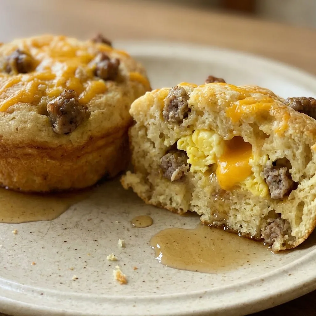 Up close, a golden pancake muffin holds a sausage patty, melted cheddar, and a runny egg, with syrup pooling on top.