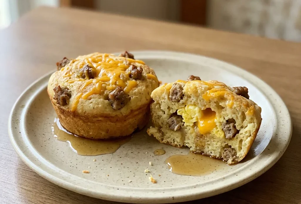 Looking down at a round pancake muffin topped with a sausage patty, melted cheddar, and a fried egg, drizzled with maple syrup.