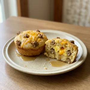 Looking down at a round pancake muffin topped with a sausage patty, melted cheddar, and a fried egg, drizzled with maple syrup.