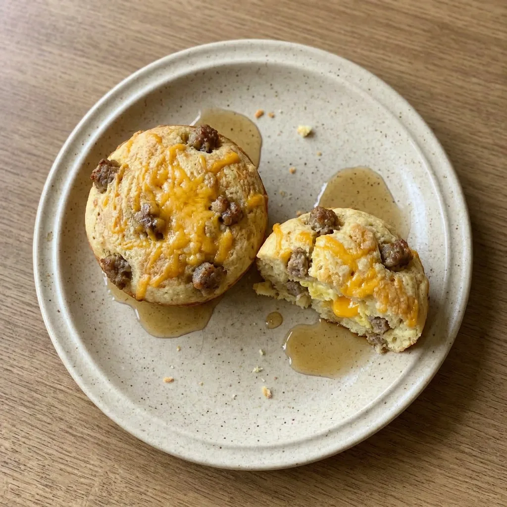 A plate of McGriddle Muffins, each a pancake cup with sausage, cheddar, egg, and maple syrup.
