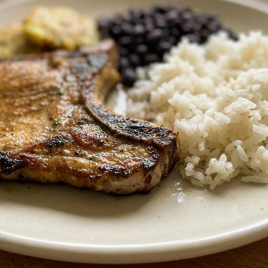 Up close, a single pork chop shows a crispy, seasoned crust with visible garlic powder and oregano flakes, a drizzle of olive oil and a splash of white vinegar on the side.
