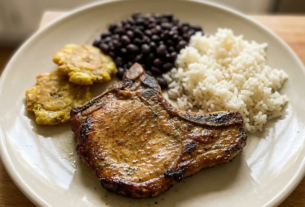 Looking down at three golden-brown pork chops arranged in a circle, each dusted with adobo seasoning and oregano, with garlic powder and olive oil glistening on the surface.