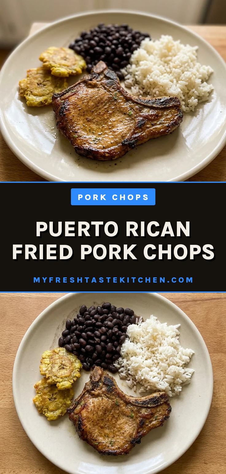 Looking down at three golden-brown pork chops arranged in a circle, each dusted with adobo seasoning and oregano, with garlic powder and olive oil glistening on the surface.
