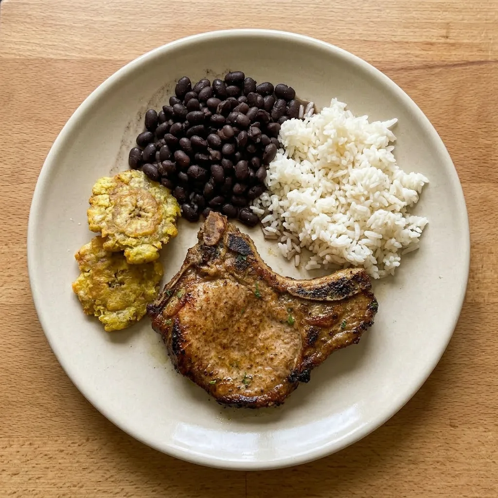 A plate of two pork chops seasoned with adobo, garlic powder, and oregano, lightly coated in olive oil and white vinegar, presented at a slight angle.