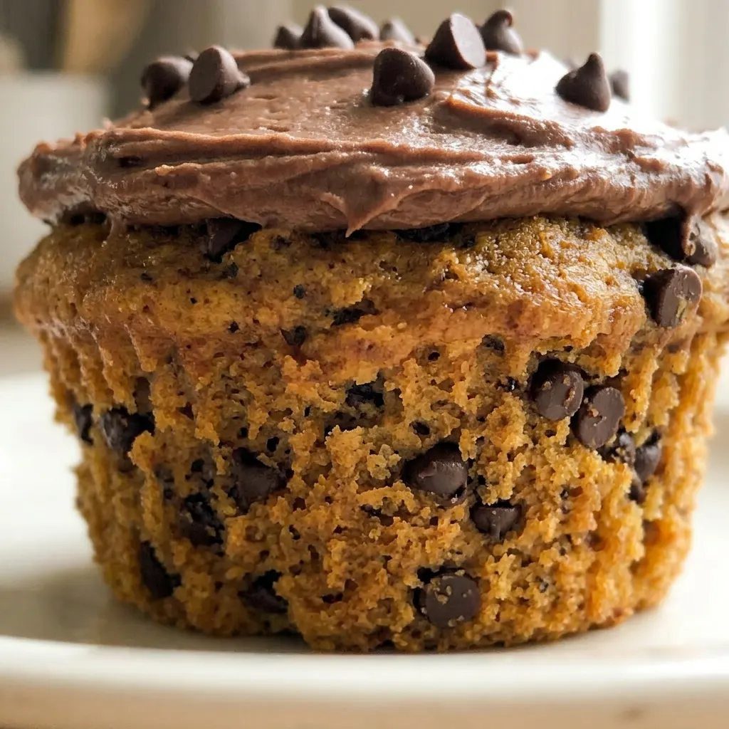 Close view of a pumpkin chocolate chip cupcake with melted chocolate chips and a dusting of cinnamon.