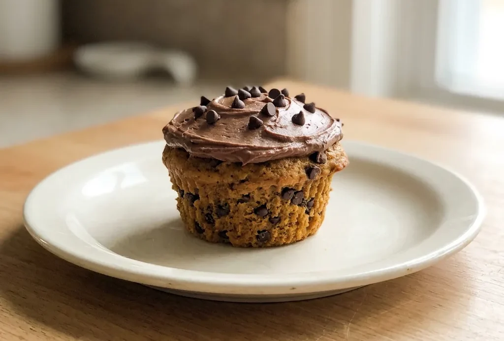 Overhead shot of a pumpkin chocolate chip cupcake with a swirl of brown sugar streusel on top.