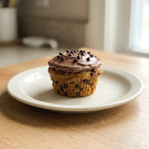 Overhead shot of a pumpkin chocolate chip cupcake with a swirl of brown sugar streusel on top.