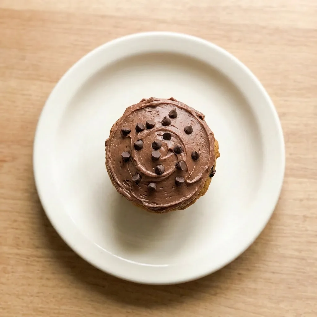 Plated pumpkin chocolate chip cupcake with visible vanilla frosting and a sprinkle of cinnamon.