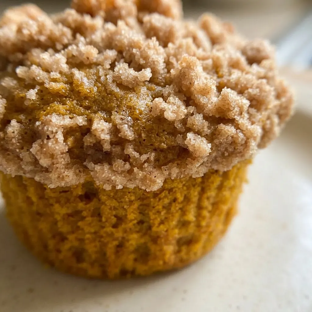 Up close, a pumpkin muffin with golden crumb topping and visible pumpkin puree and applesauce specks.