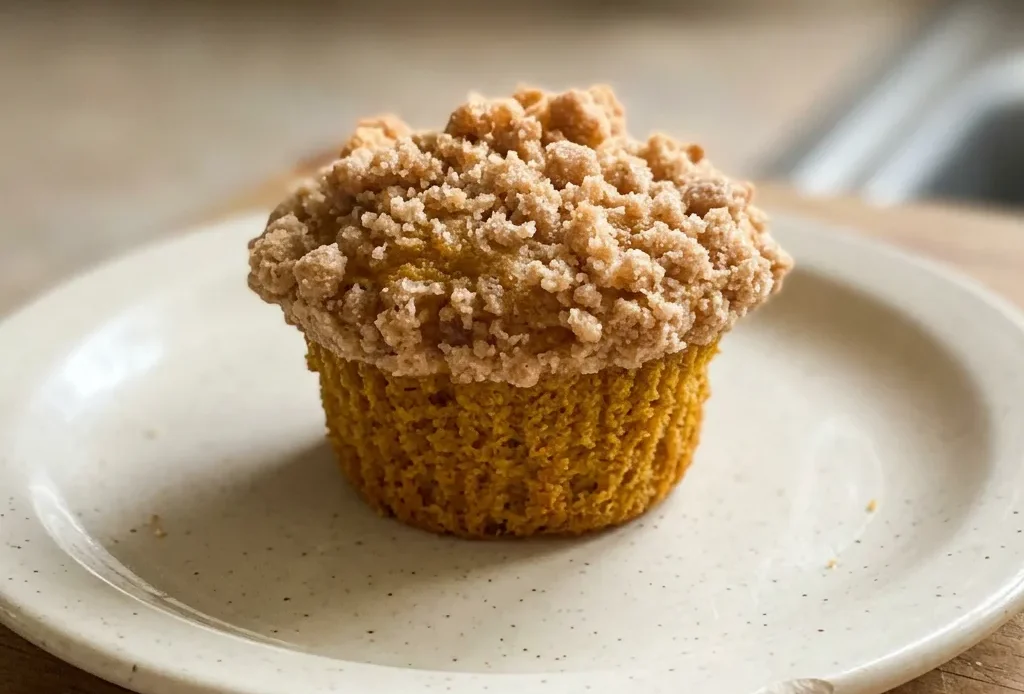 Looking down at two pumpkin muffins with crumb topping, one whole and one halved to show moist orange interior.