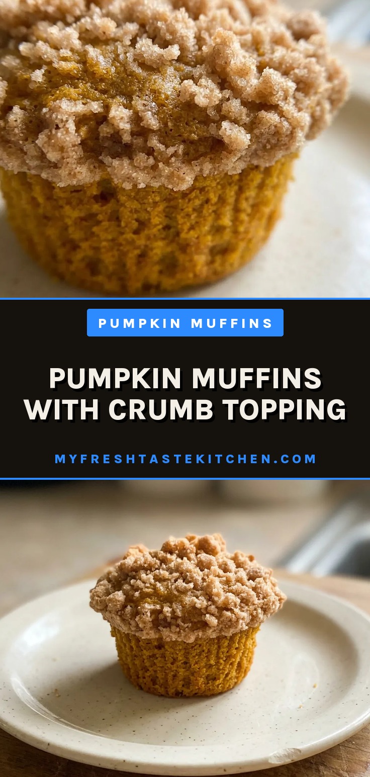 Looking down at two pumpkin muffins with crumb topping, one whole and one halved to show moist orange interior.