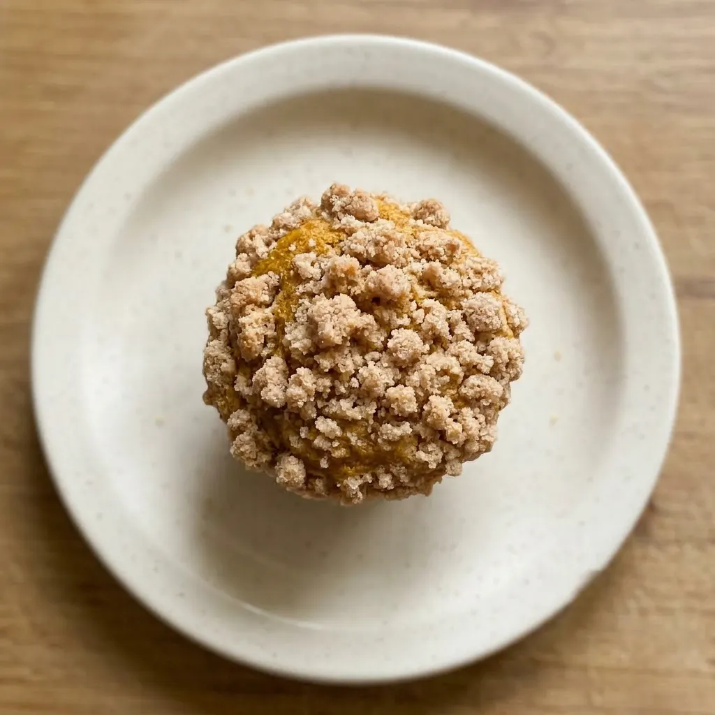 A plate of three pumpkin muffins with crumb topping, butter melting on one, and pumpkin pie spice dusting.