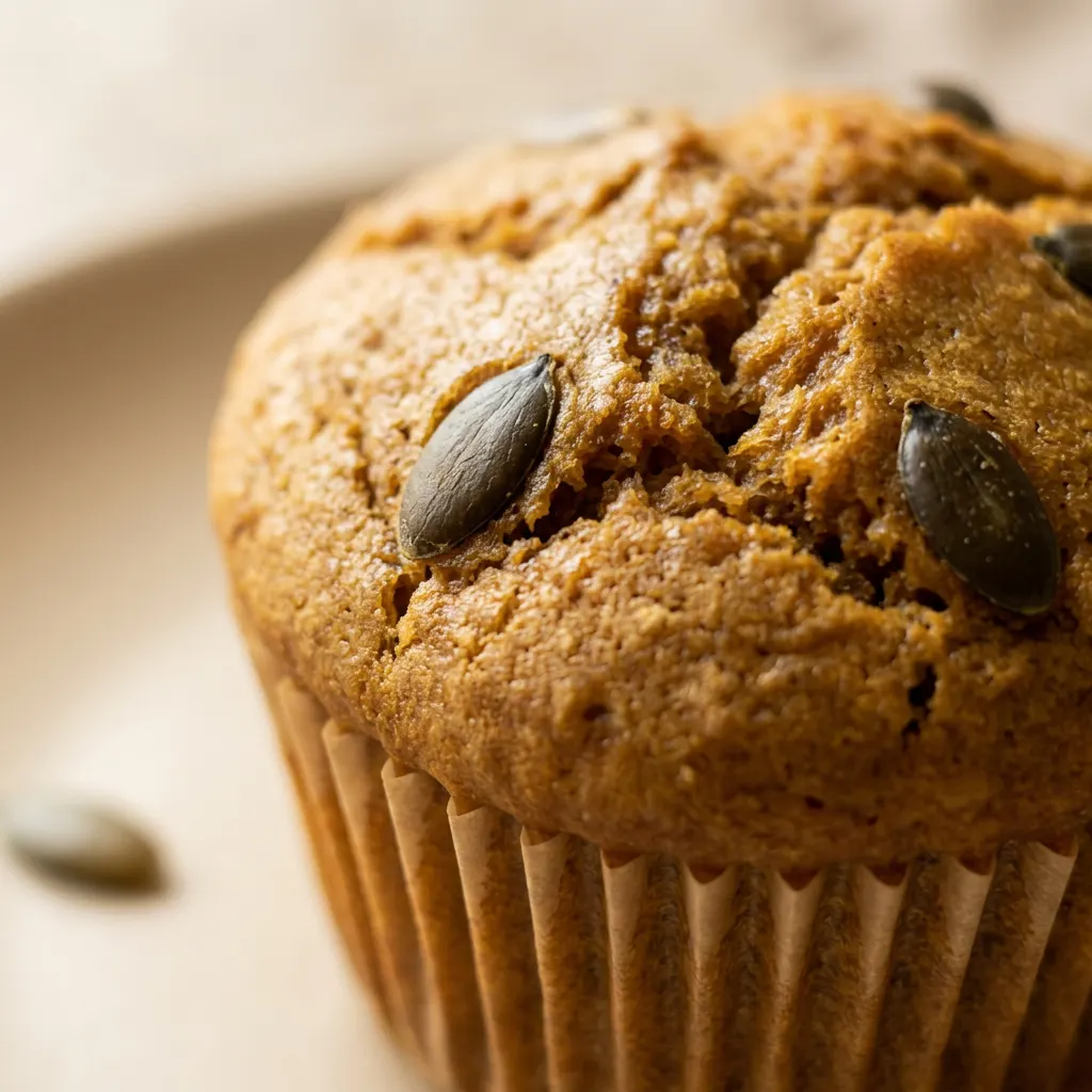 Up close, a pumpkin muffin with a golden-brown top, cinnamon and nutmeg visible on the surface, and a moist crumb.