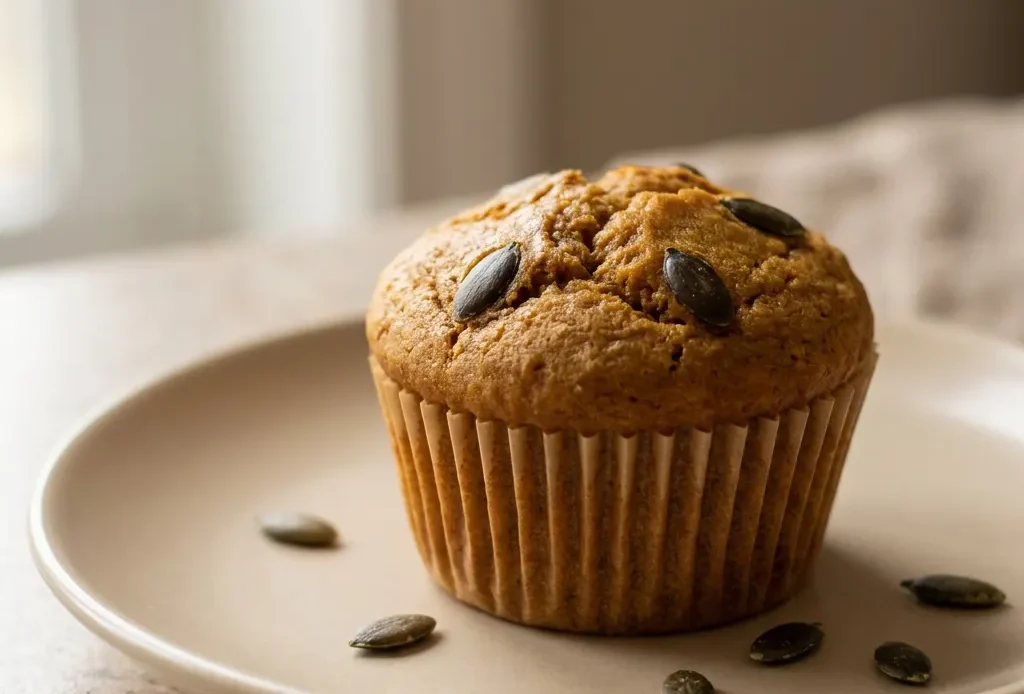 Looking down at a row of three pumpkin muffins with domed tops, each showing a crack and visible pumpkin puree and spice specks.