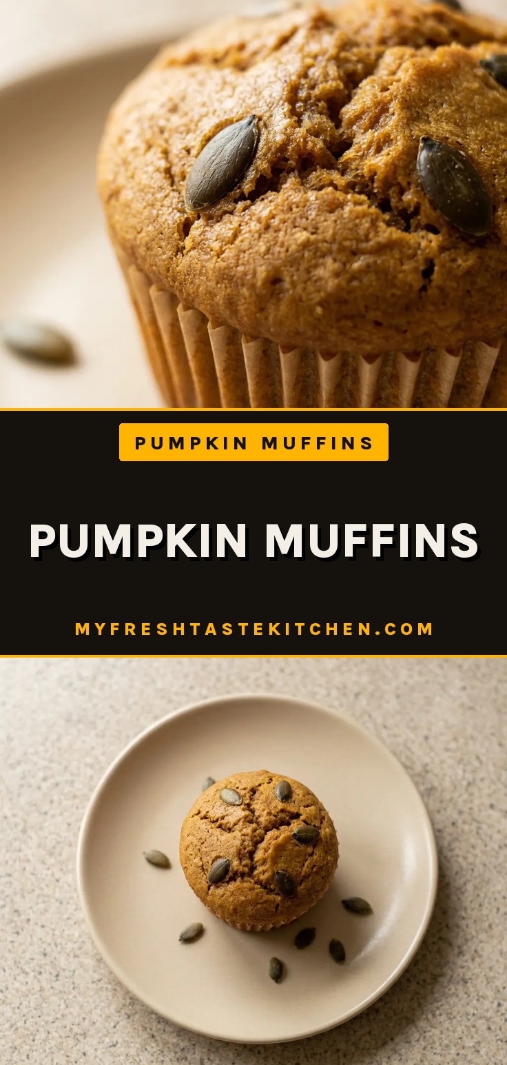 Looking down at a row of three pumpkin muffins with domed tops, each showing a crack and visible pumpkin puree and spice specks.