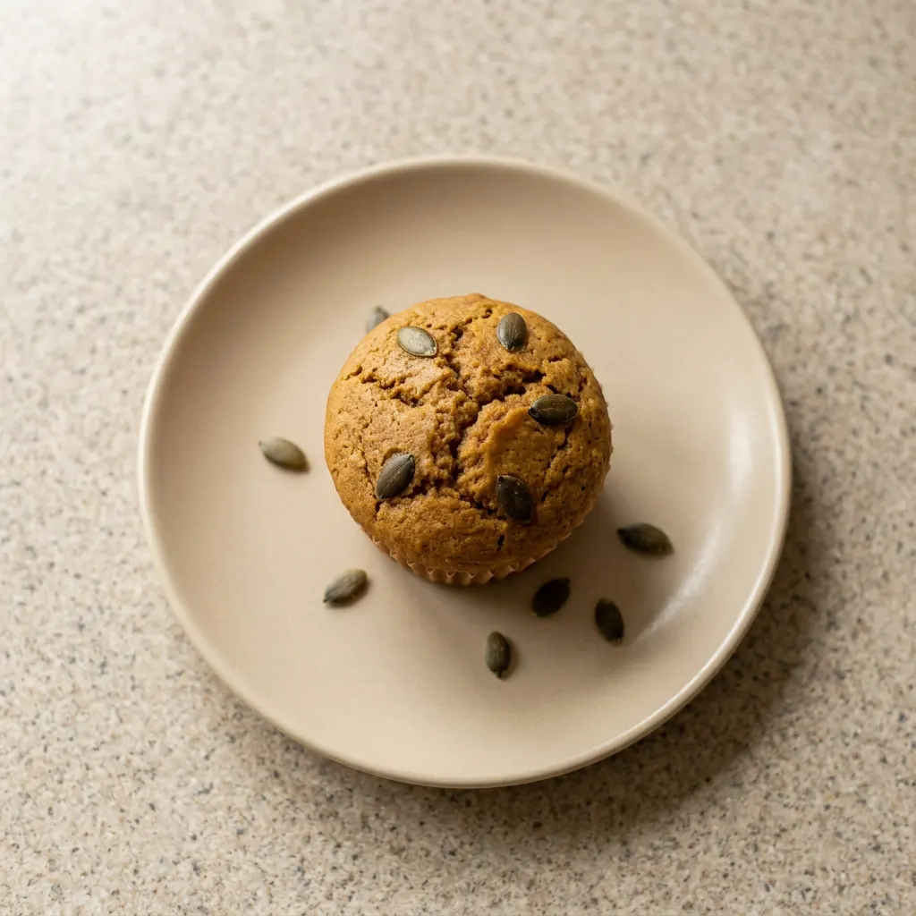 A plate of three pumpkin muffins, each topped with a sprinkle of cinnamon and nutmeg, with pumpkin puree visible in the batter.