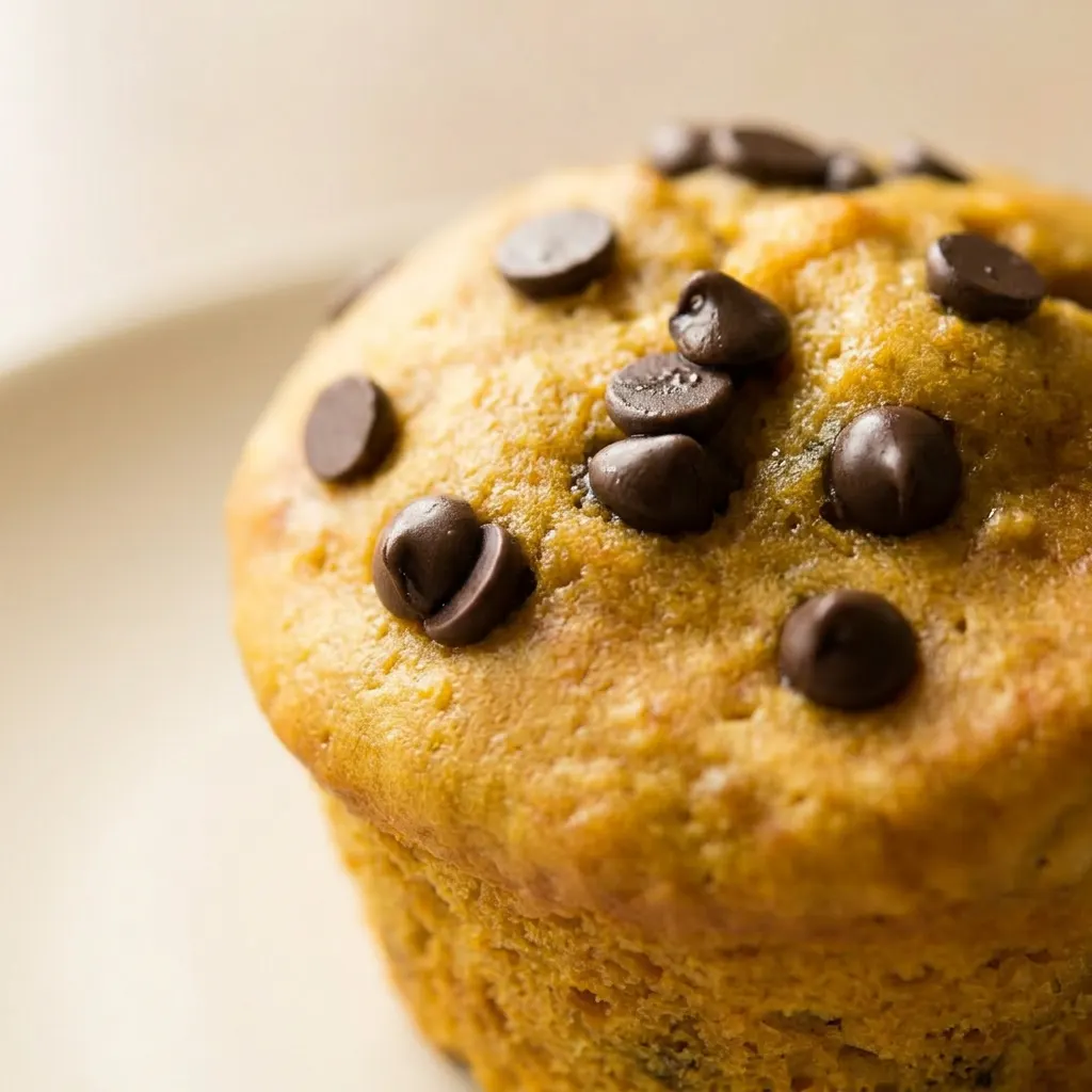 Up close, a single muffin with visible cottage cheese curds, pumpkin spice specks, and melted chocolate chips.