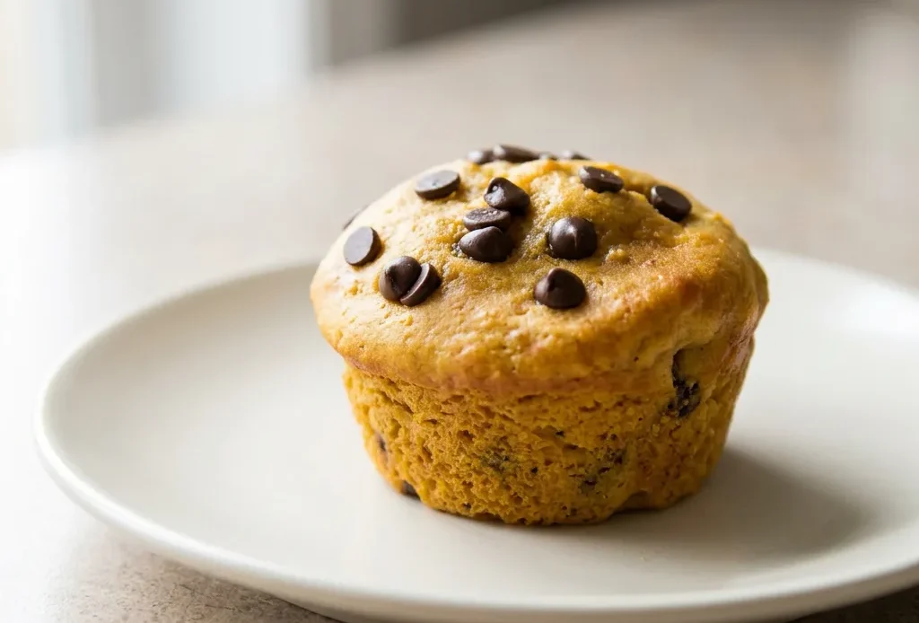 Looking down at three round pumpkin muffins topped with chocolate chips on a white plate.