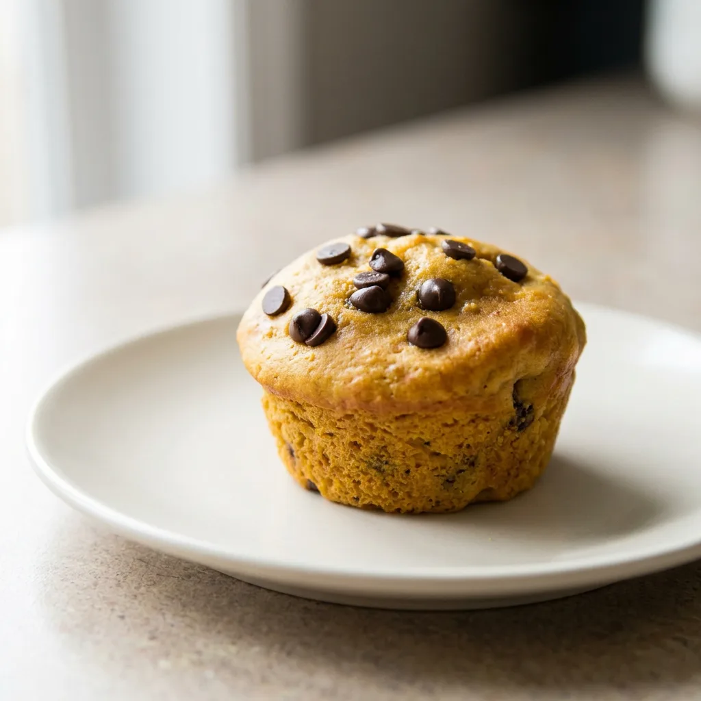 Looking down at three round pumpkin muffins topped with chocolate chips on a white plate.