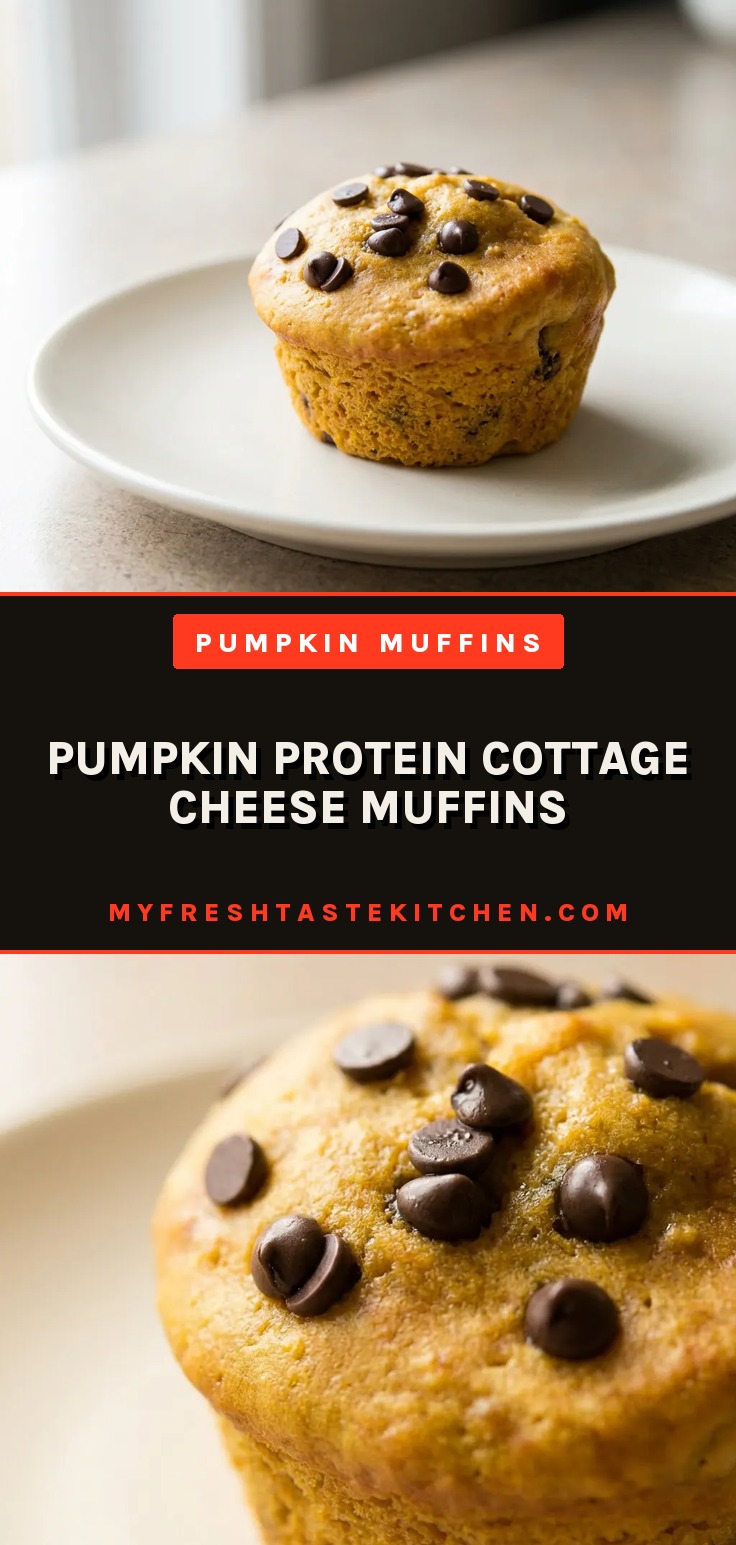 Looking down at three round pumpkin muffins topped with chocolate chips on a white plate.