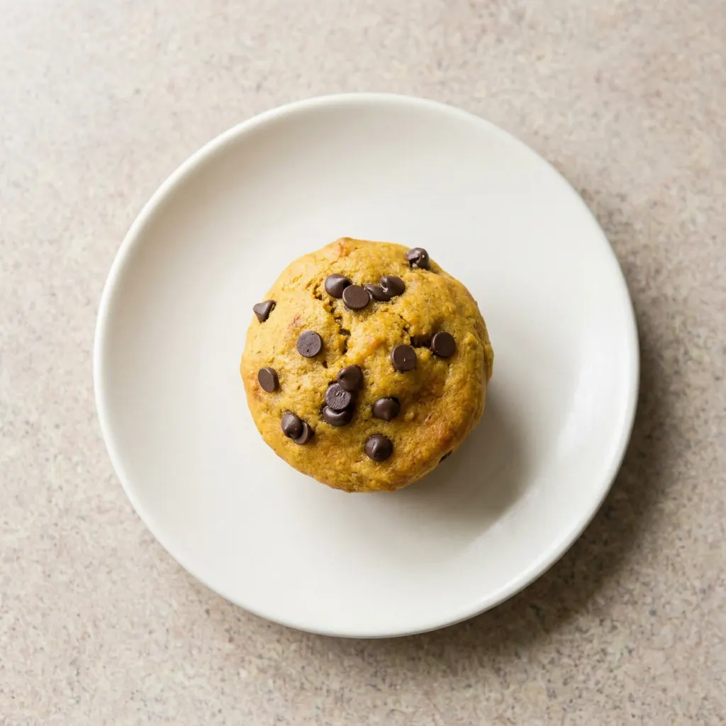 A plate of two pumpkin muffins, one cut in half revealing moist crumb with cottage cheese and chocolate chips.