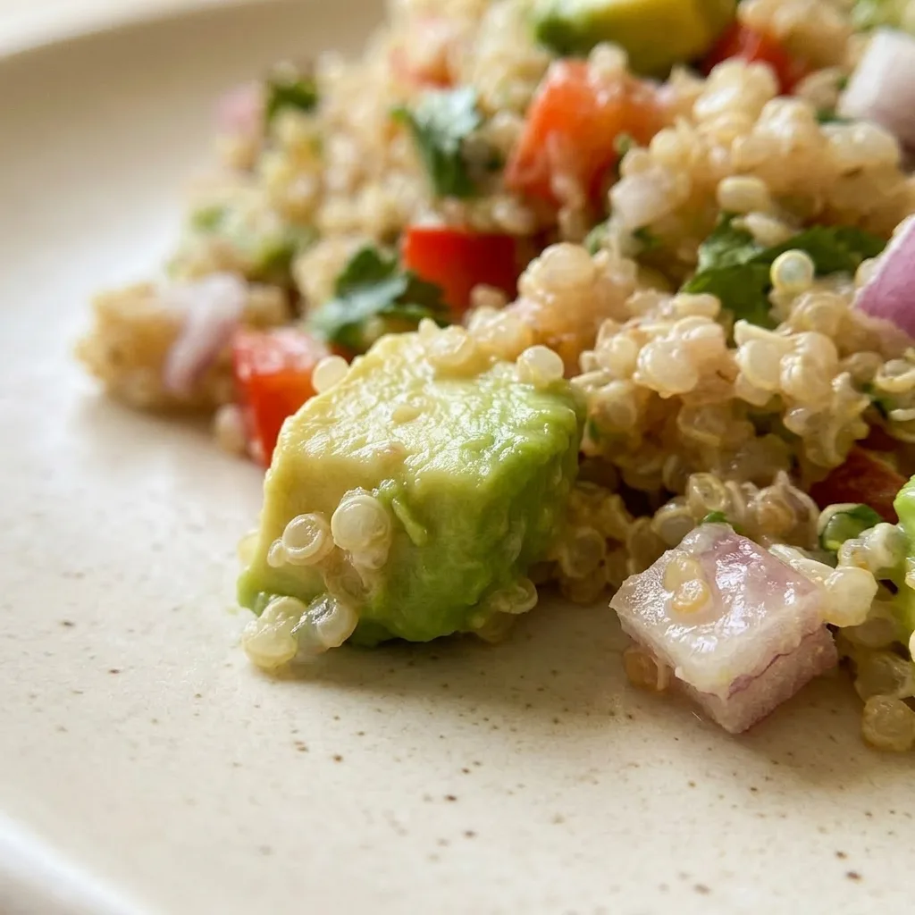 Close view of quinoa avocado salad topped with red onion, bell pepper, and cilantro, drizzled with yogurt lime dressing.