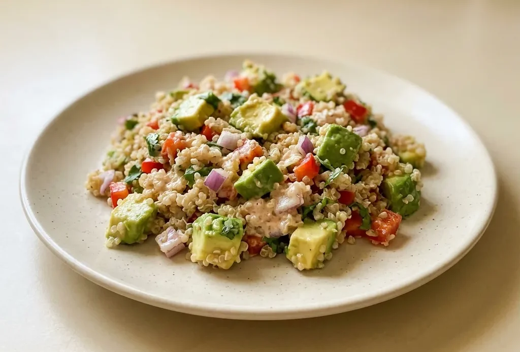 Overhead shot of quinoa and avocado salad with red onion, bell pepper, cilantro, and lime dressing.