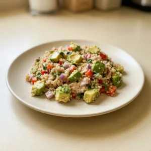 Overhead shot of quinoa and avocado salad with red onion, bell pepper, cilantro, and lime dressing.