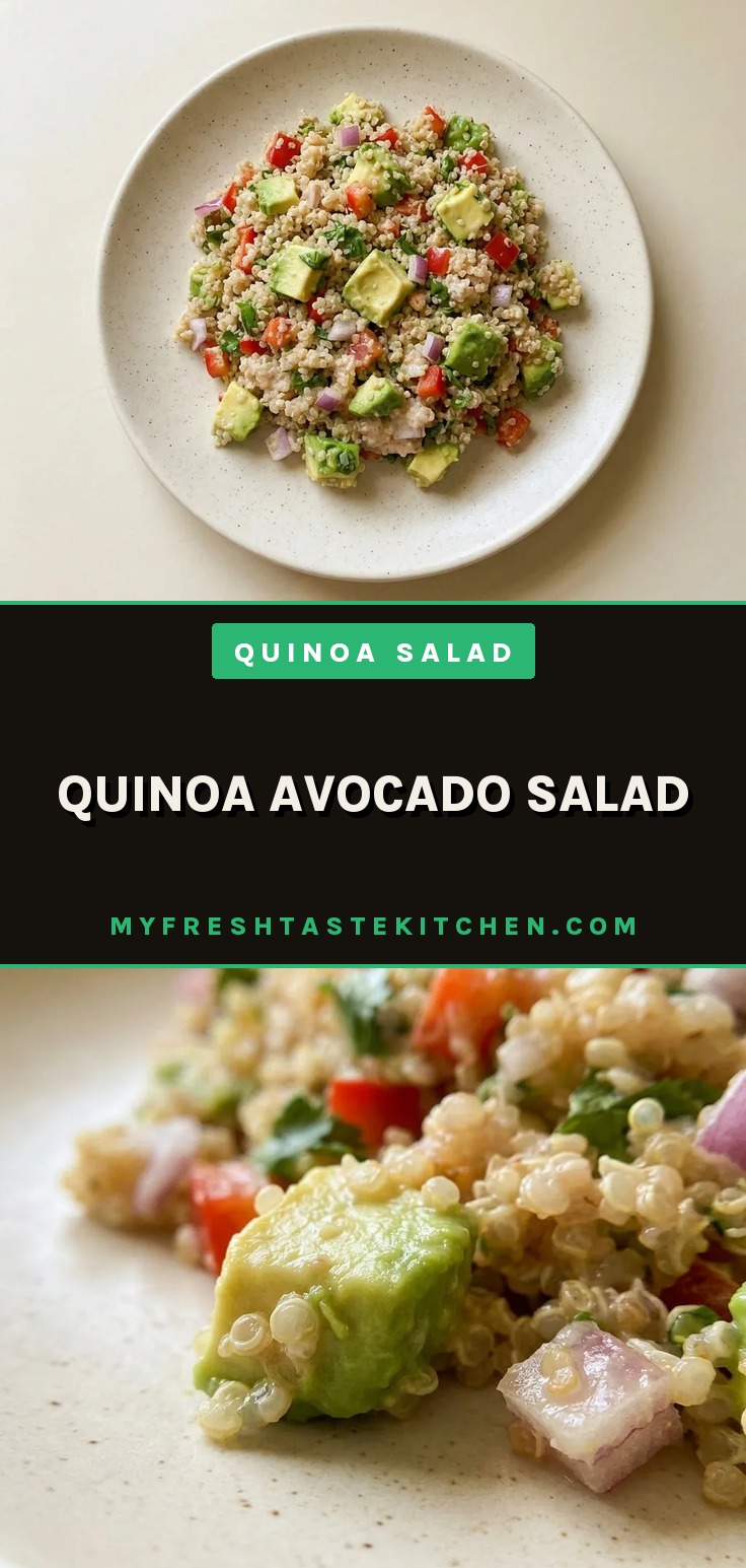 Overhead shot of quinoa and avocado salad with red onion, bell pepper, cilantro, and lime dressing.