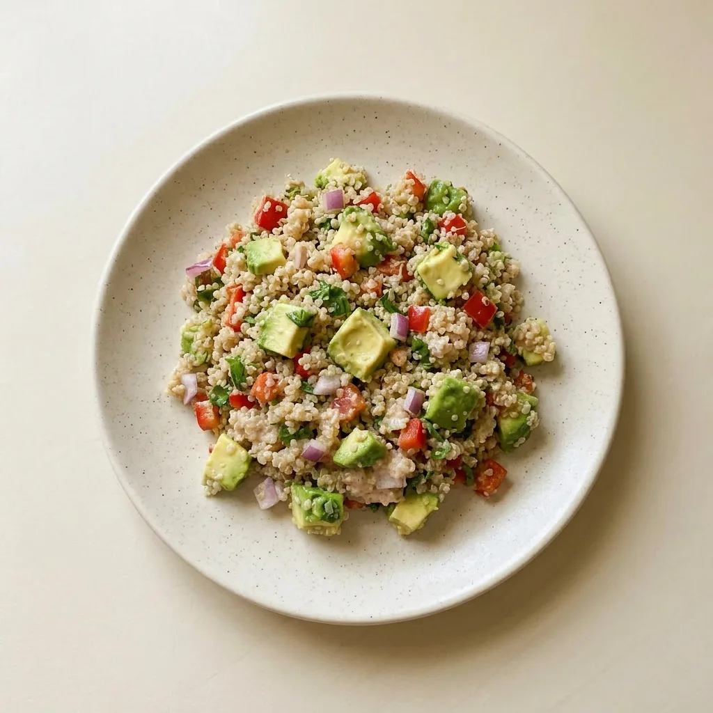 Plated quinoa avocado salad garnished with red onion, bell pepper, and cilantro, with a side of yogurt lime dressing.