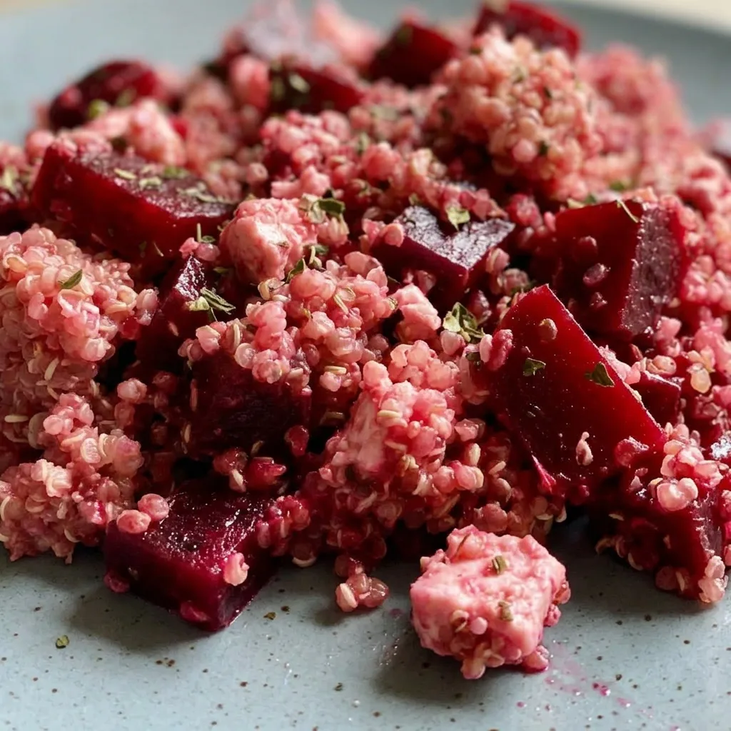 Macro detail of quinoa grains mixed with beet cubes and feta cheese, drizzled with lemon-honey dressing.