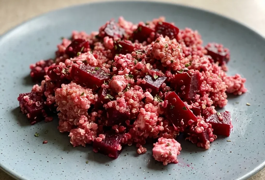 Top-down look at a bowl of quinoa salad with crumbled feta, diced beets, and lemon-honey dressing.