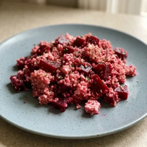 Top-down look at a bowl of quinoa salad with crumbled feta, diced beets, and lemon-honey dressing.