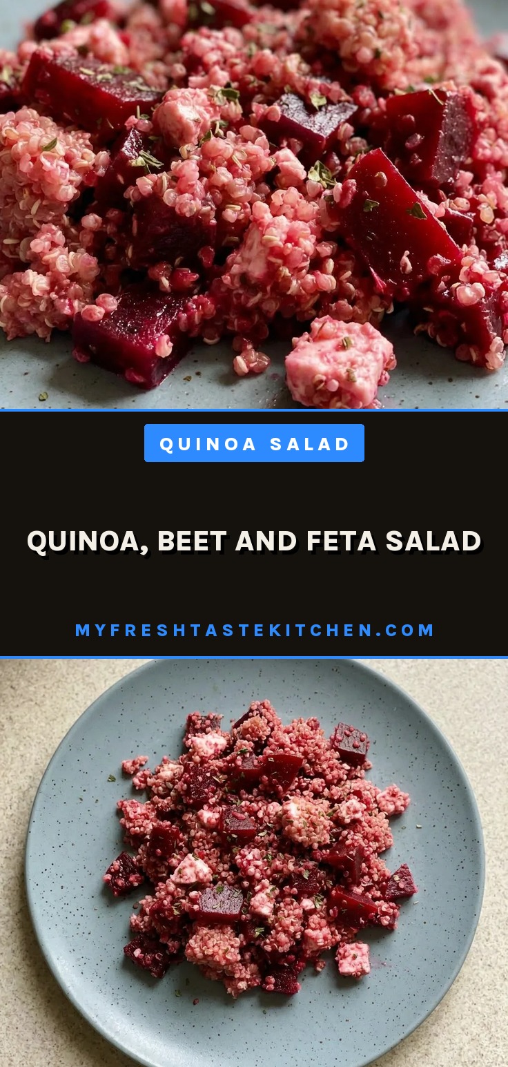 Top-down look at a bowl of quinoa salad with crumbled feta, diced beets, and lemon-honey dressing.