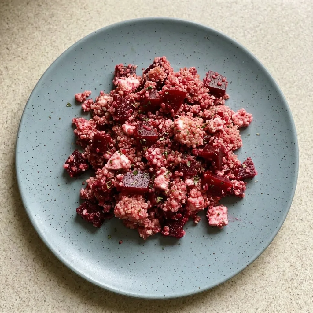 A serving of quinoa salad topped with beet cubes, crumbled feta, and a lemon-honey dressing.