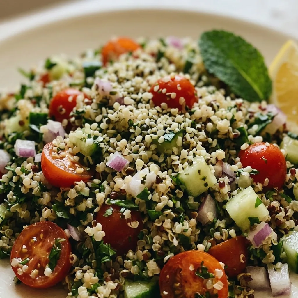 Zoomed in on quinoa tabbouleh with visible parsley, mint, cucumber, tomato, and hemp hearts, drizzled with olive oil.