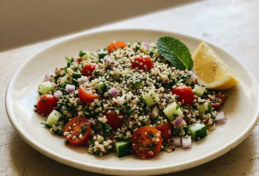 Bird's-eye view of quinoa tabbouleh with parsley, mint, cucumber, tomato, hemp hearts, and lemon slices.