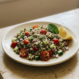 Bird's-eye view of quinoa tabbouleh with parsley, mint, cucumber, tomato, hemp hearts, and lemon slices.