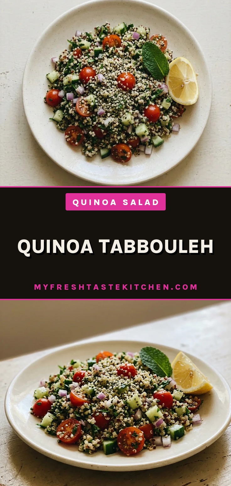 Bird's-eye view of quinoa tabbouleh with parsley, mint, cucumber, tomato, hemp hearts, and lemon slices.