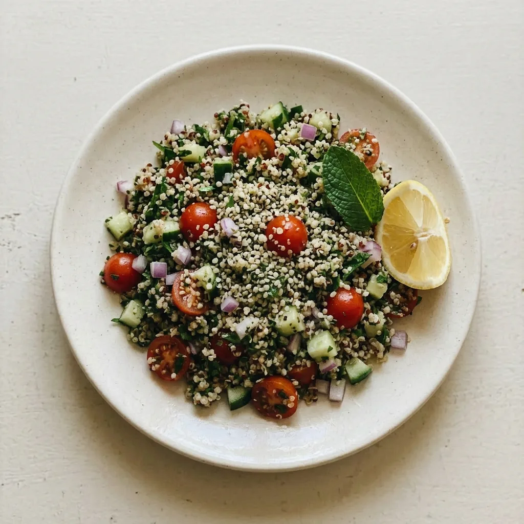 Ready to serve: quinoa tabbouleh topped with fresh parsley, mint, cucumber, tomato, hemp hearts, and lemon wedges.