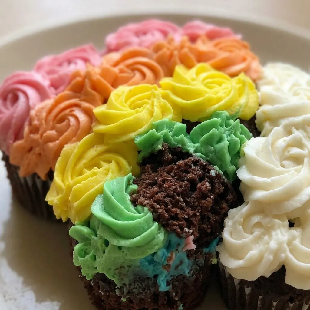 Up close, a slice of rainbow cupcake cake reveals layers of colorful crumb and a thick swirl of white frosting on top.